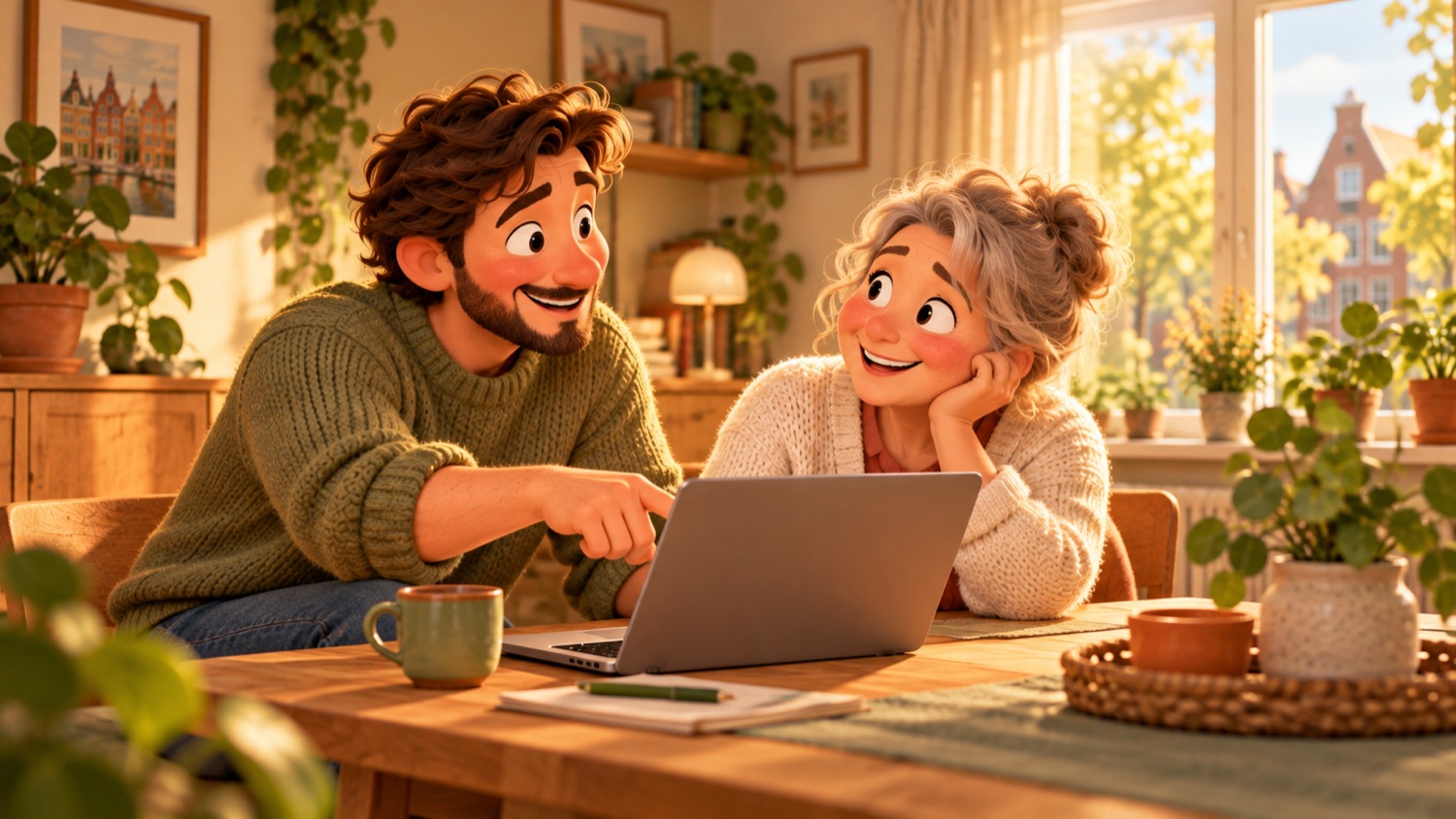 Illustratie van een helper die een buurvrouw helpt met haar computer