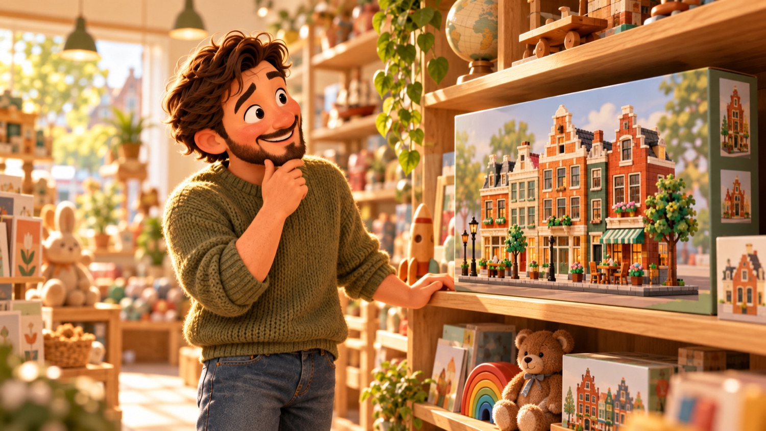 Illustratie van een helper die in een winkel naar een bouwdoos kijkt die hij zichzelf niet snel cadeau doet